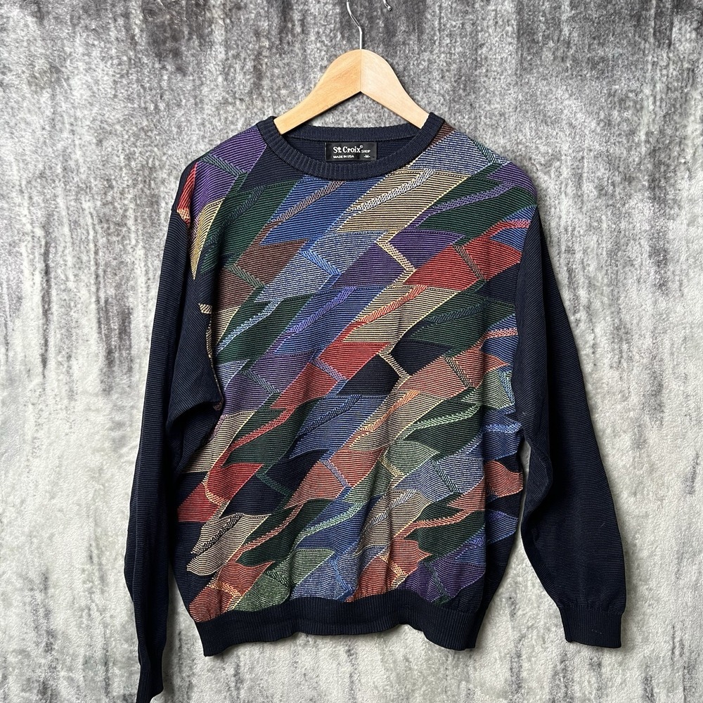 St Croix Sweater Mens M Knit Crewneck Abstract USA Made Geometric Colorful Coogi